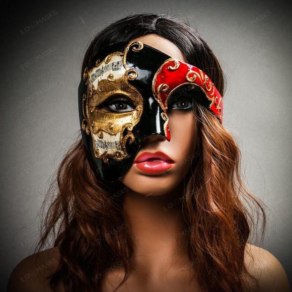Phantom Of Opera Musical Masquerade Venetian Men Full Mask - Black Red - Picture 6 of 10